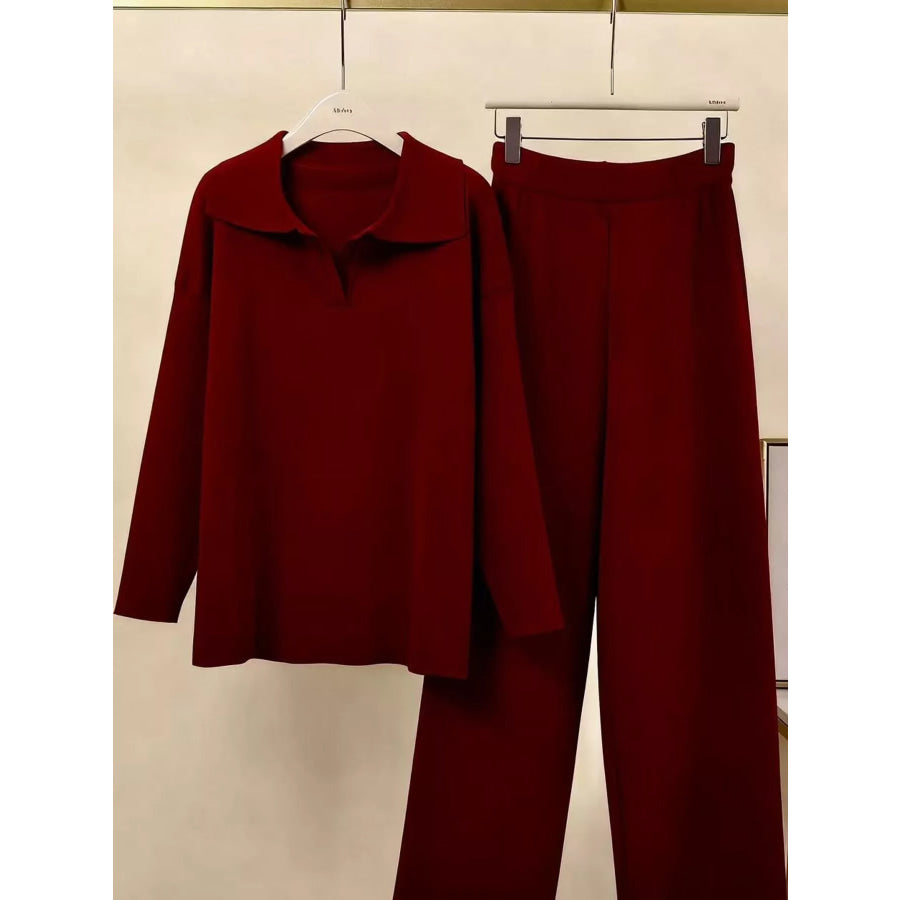 Polo Collar Top and Wide-Leg Pants Set Apparel Accessories