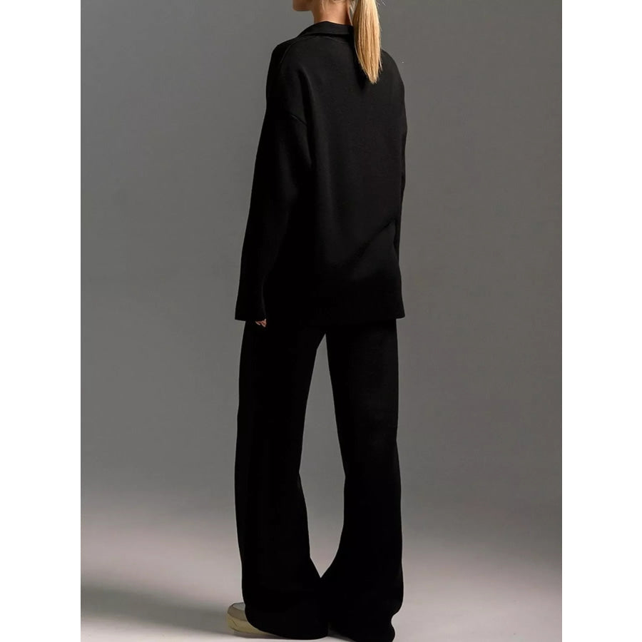 Polo Collar Top and Wide-Leg Pants Set Apparel Accessories