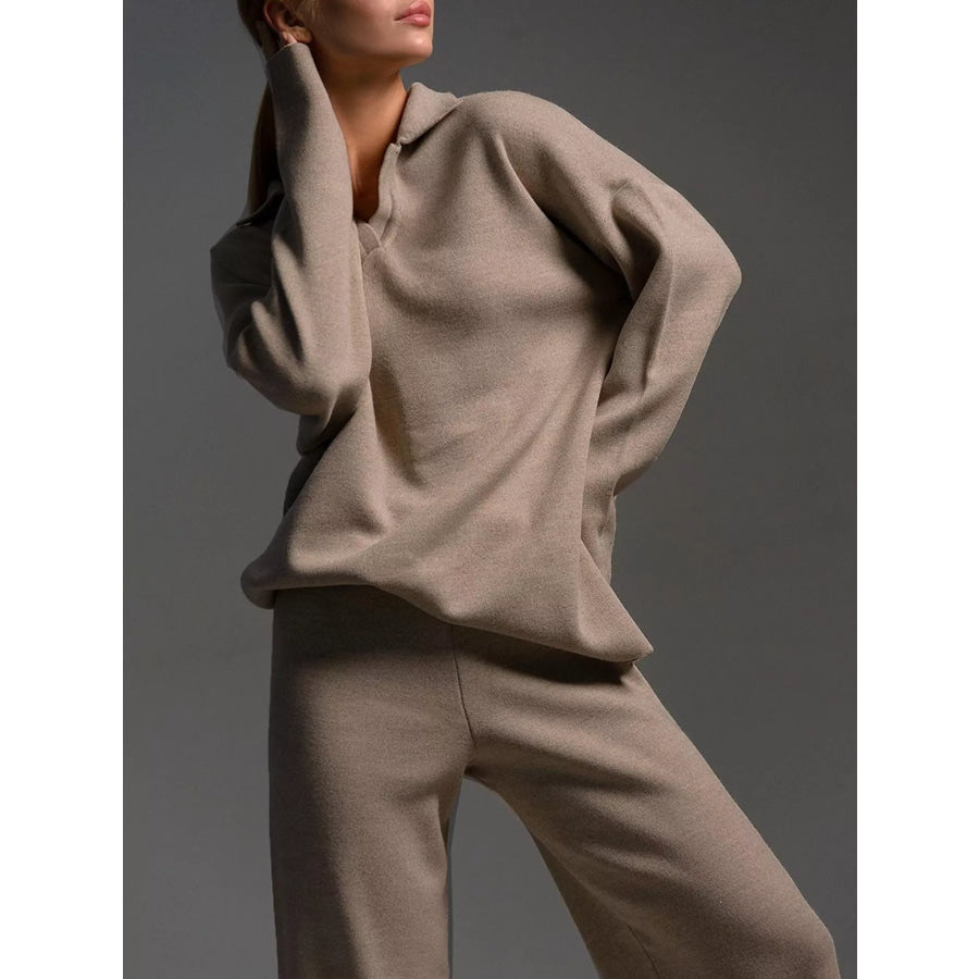 Polo Collar Top and Wide-Leg Pants Set Apparel Accessories