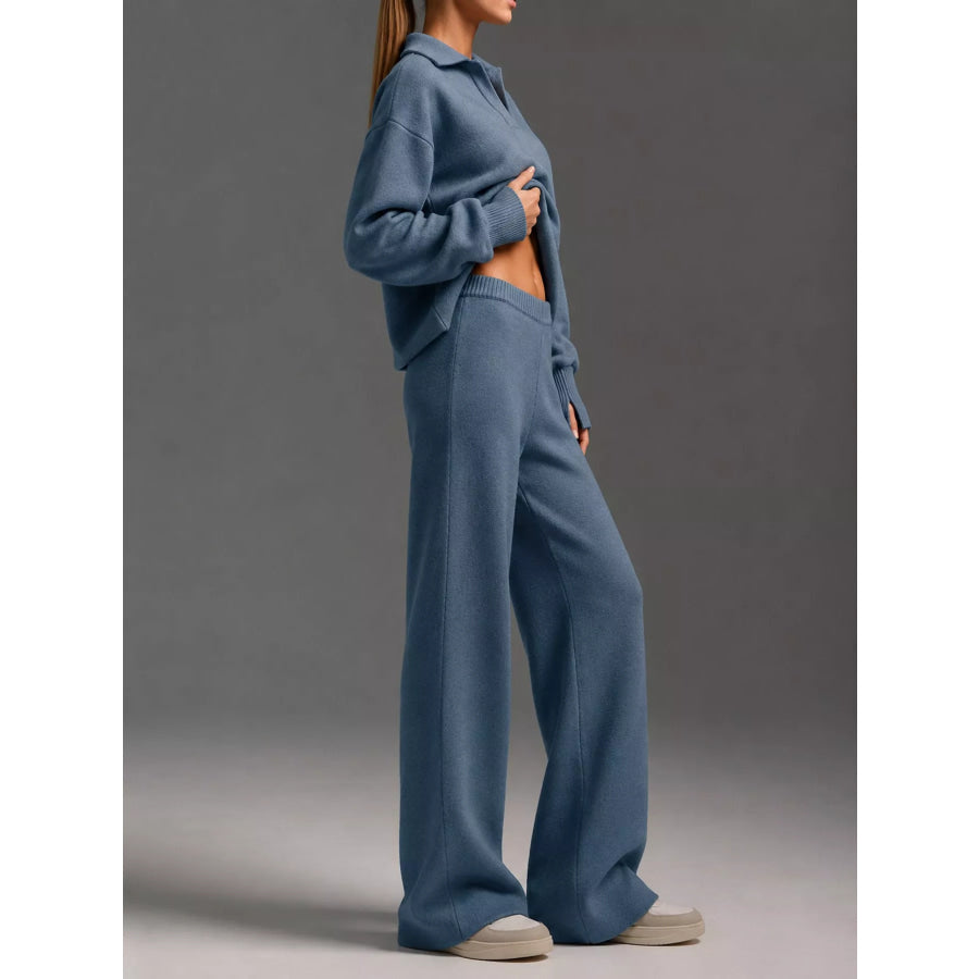 Polo Collar Top and Wide-Leg Pants Set Apparel Accessories
