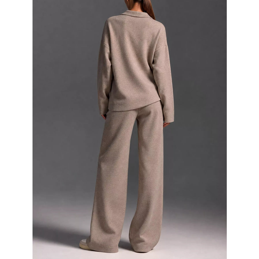 Polo Collar Top and Wide-Leg Pants Set Apparel Accessories