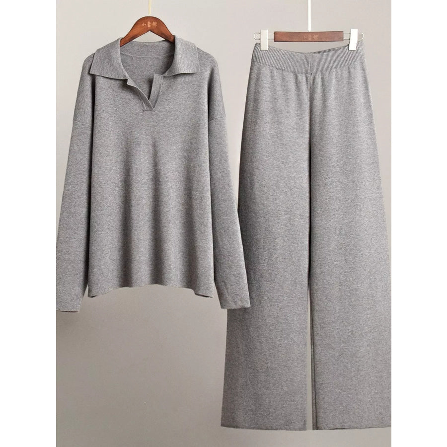Polo Collar Top and Wide-Leg Pants Set Apparel Accessories