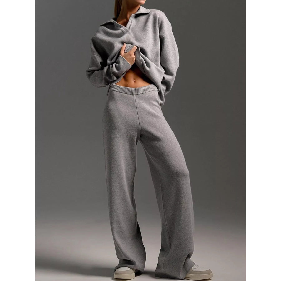 Polo Collar Top and Wide-Leg Pants Set Apparel Accessories