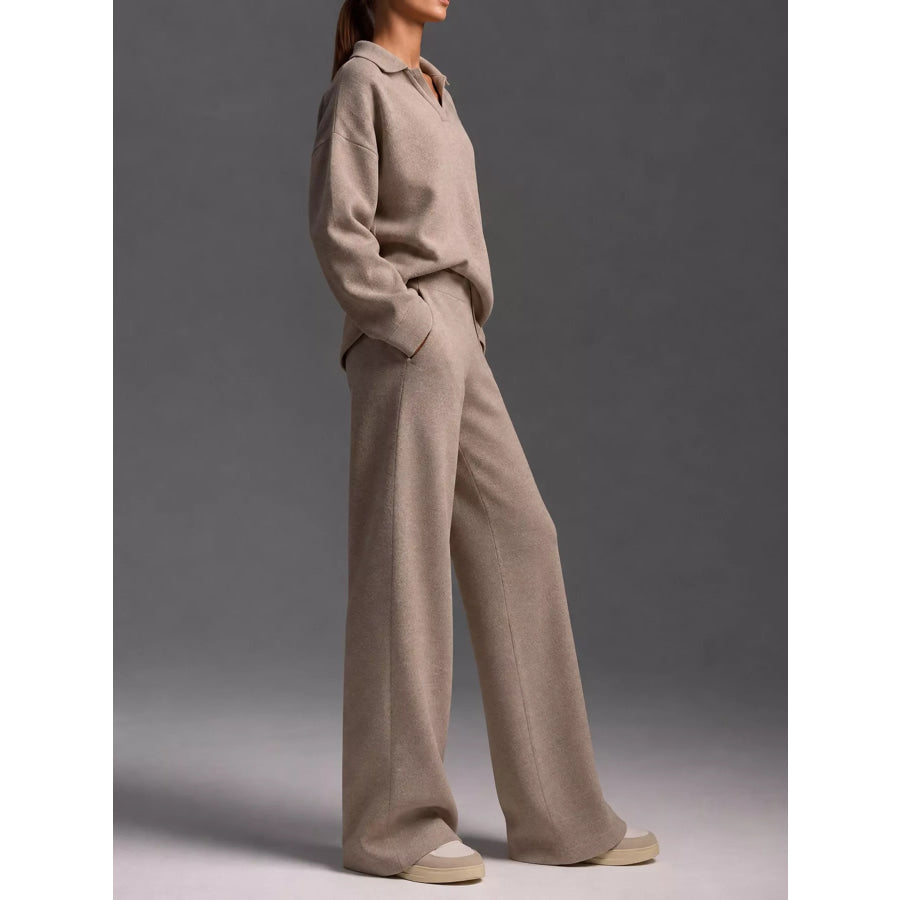Polo Collar Top and Wide-Leg Pants Set Apparel Accessories