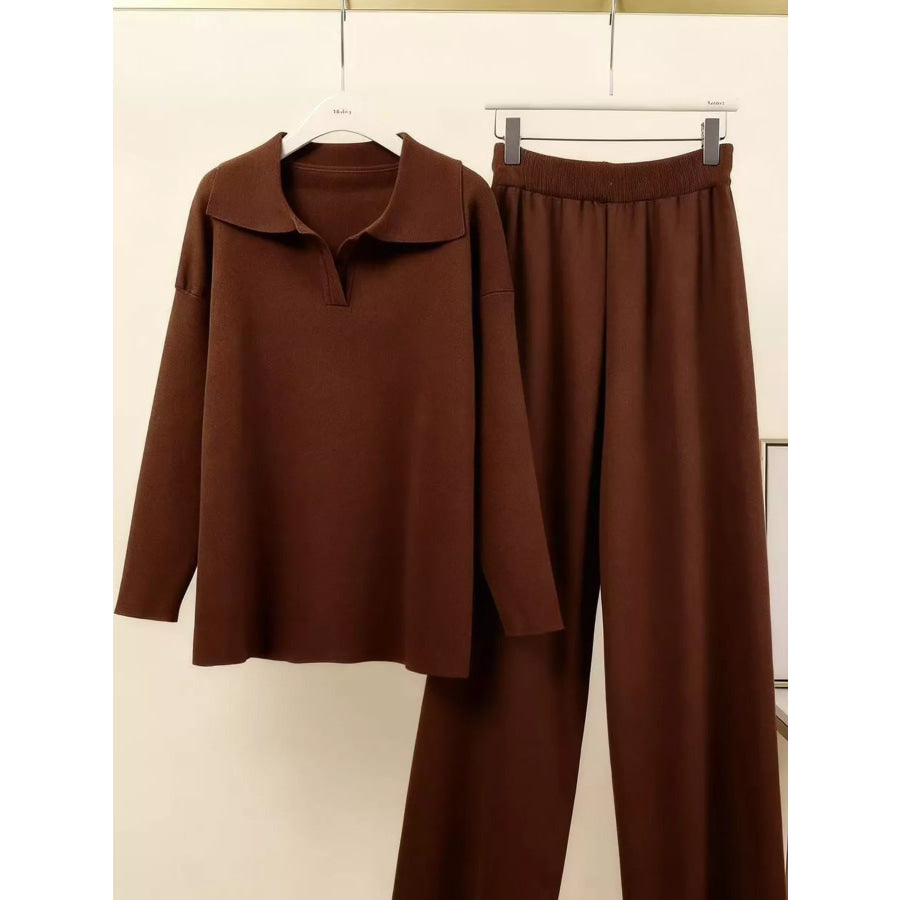 Polo Collar Top and Wide-Leg Pants Set Apparel Accessories