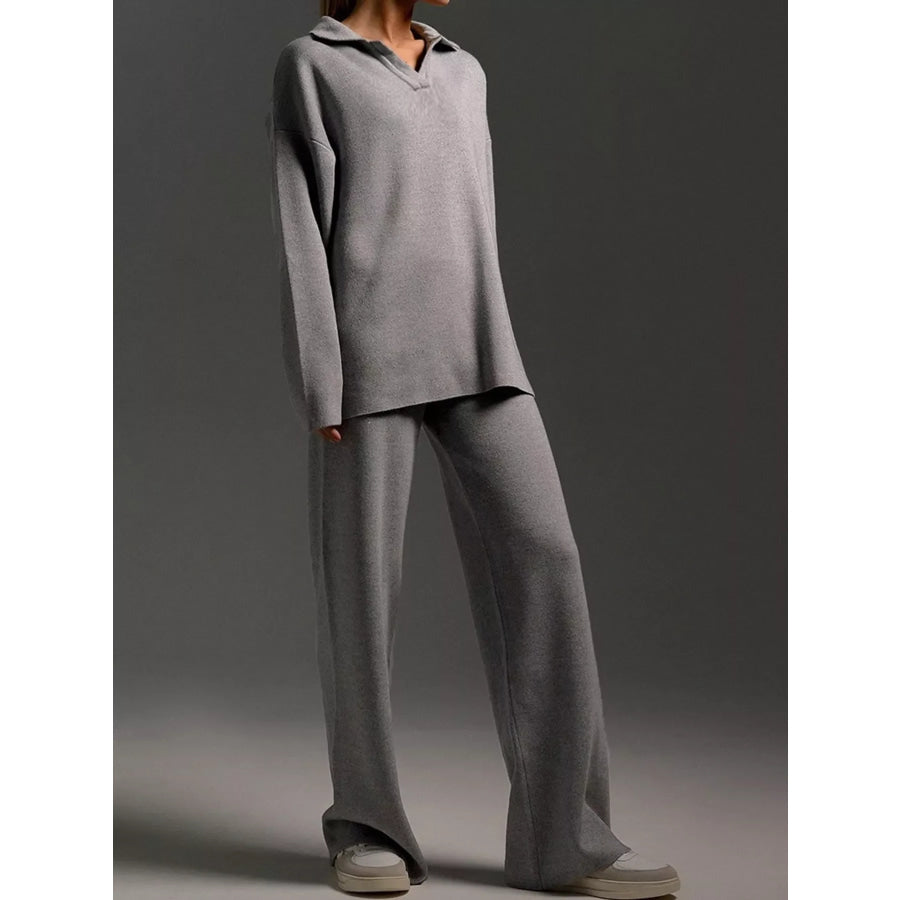 Polo Collar Top and Wide-Leg Pants Set Apparel Accessories