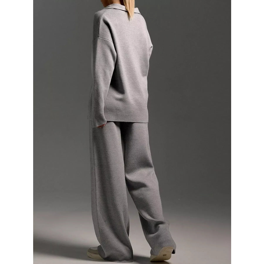 Polo Collar Top and Wide-Leg Pants Set Apparel Accessories