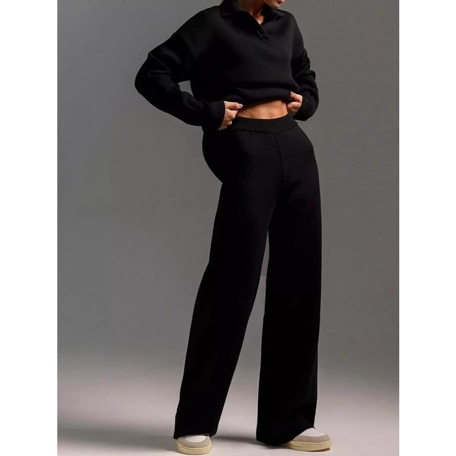 Polo Collar Top and Wide-Leg Pants Set Black / S Apparel Accessories