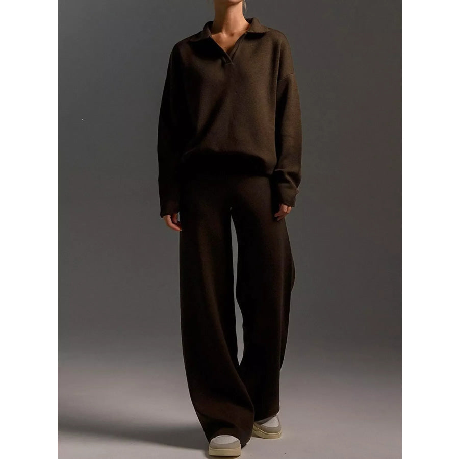 Polo Collar Top and Wide-Leg Pants Set Brown-New Arrival / S Apparel Accessories
