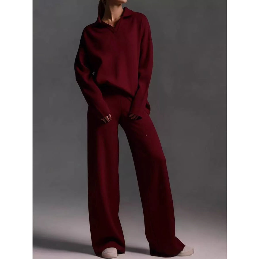 Polo Collar Top and Wide-Leg Pants Set Burgundy / S Apparel Accessories
