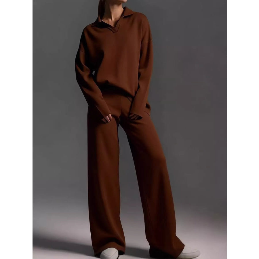 Polo Collar Top and Wide-Leg Pants Set Coffee / S Apparel Accessories