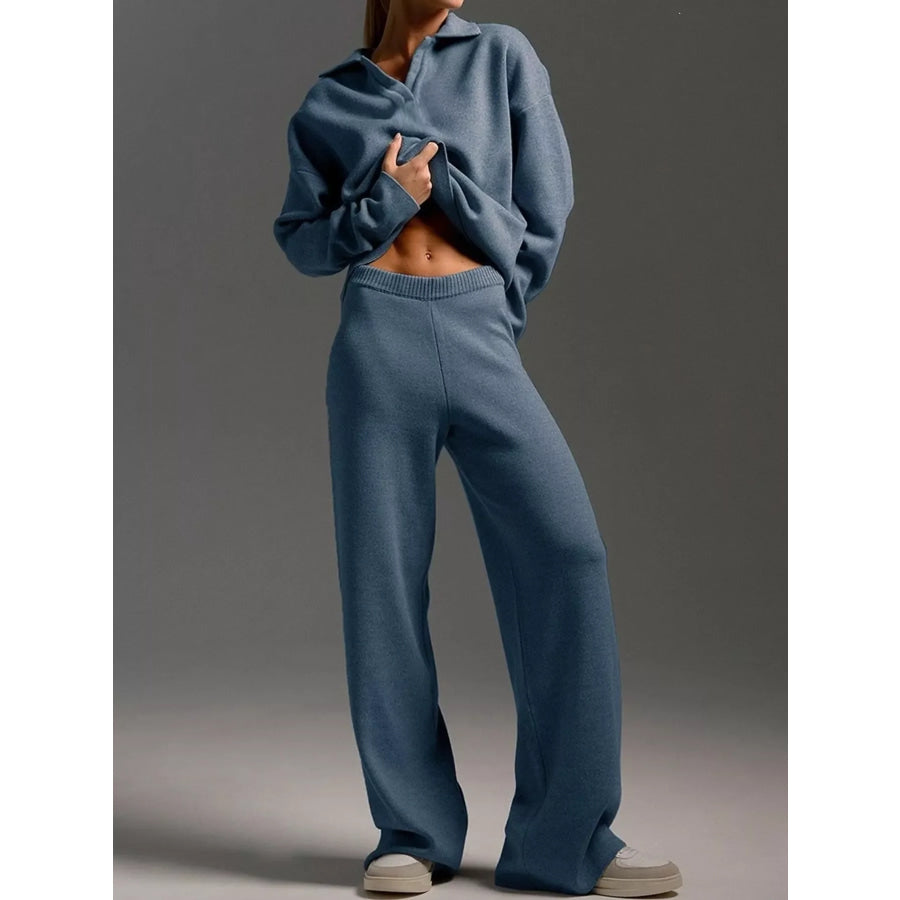 Polo Collar Top and Wide-Leg Pants Set Dusty Blue / S Apparel Accessories