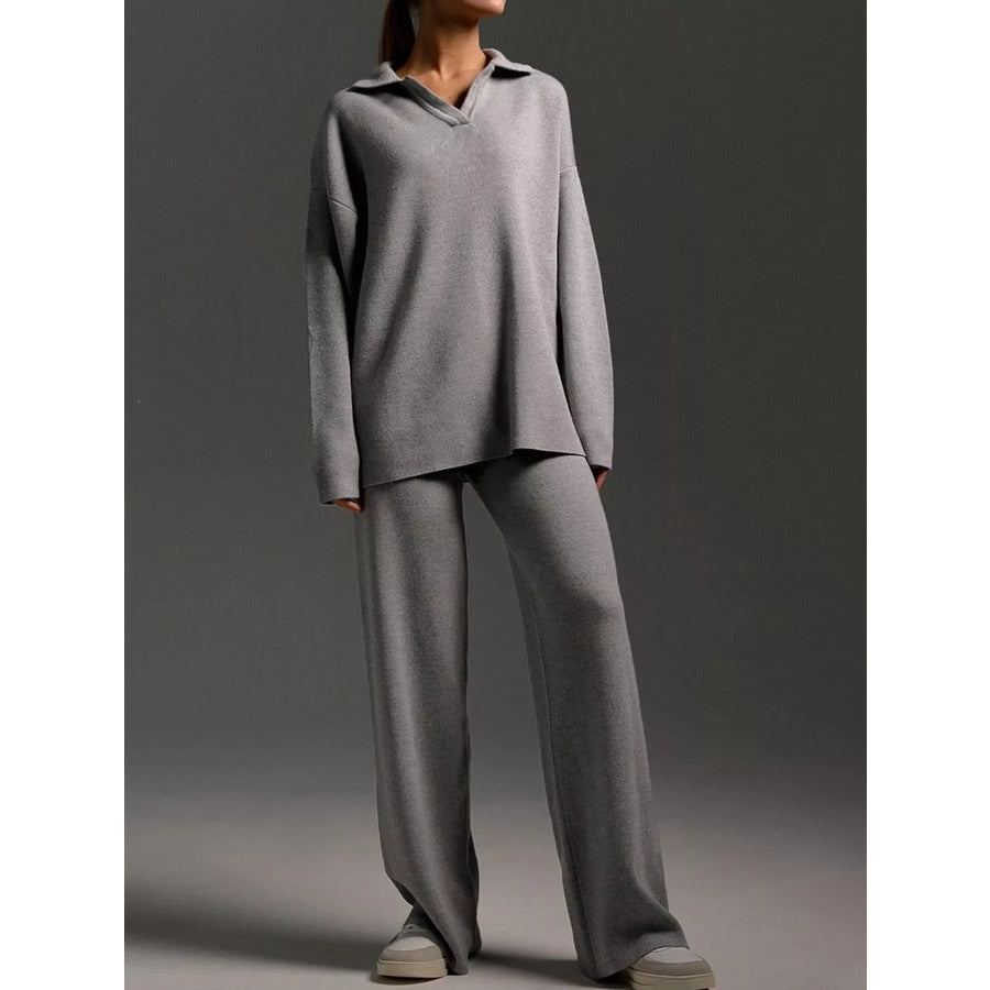 Polo Collar Top and Wide-Leg Pants Set Gray-New Arrival / S Apparel Accessories
