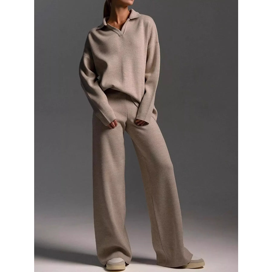 Polo Collar Top and Wide-Leg Pants Set Khaki / S Apparel Accessories