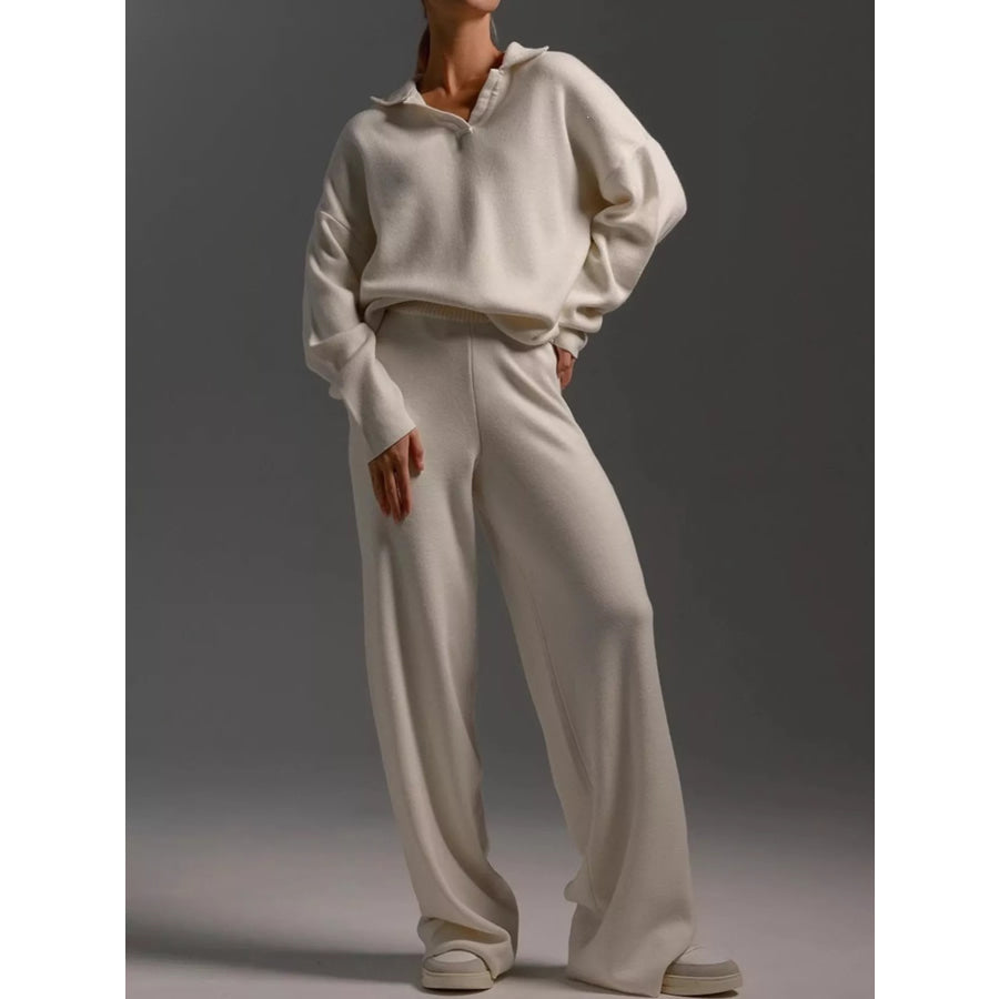 Polo Collar Top and Wide-Leg Pants Set Off-White / S Apparel Accessories