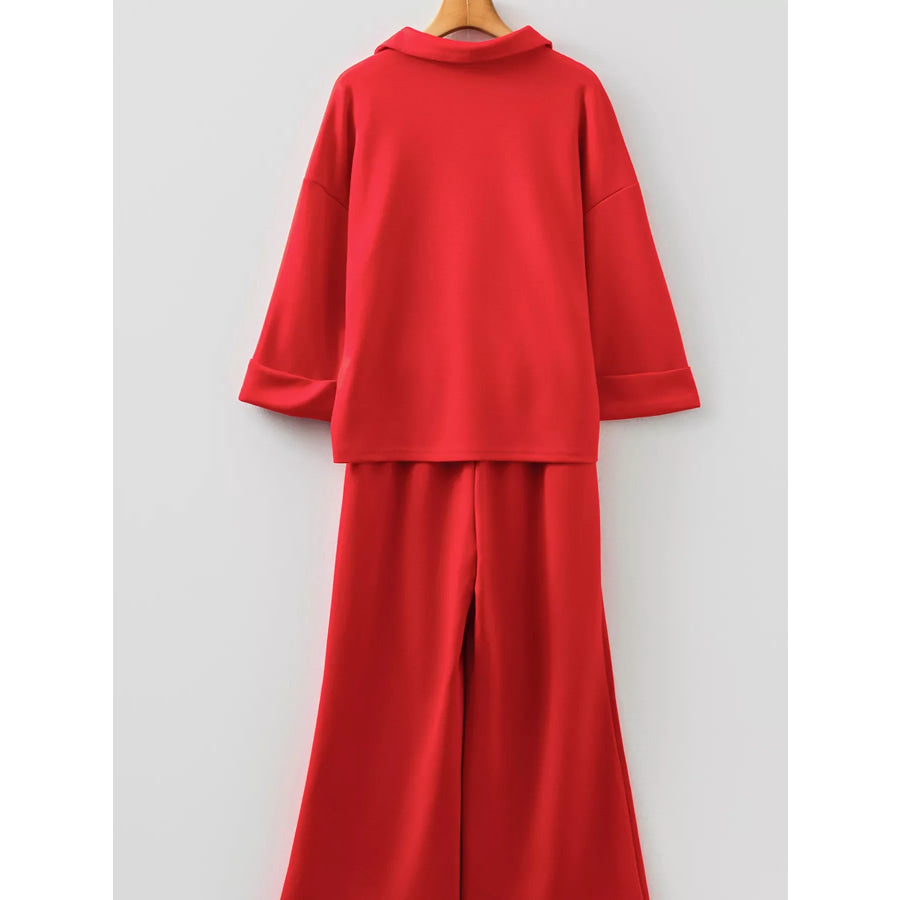 Polo Collar V Neck 3/4 Sleeve Pullover Drawstring Bell Bottom Pants 2pcs Set Apparel and Accessories
