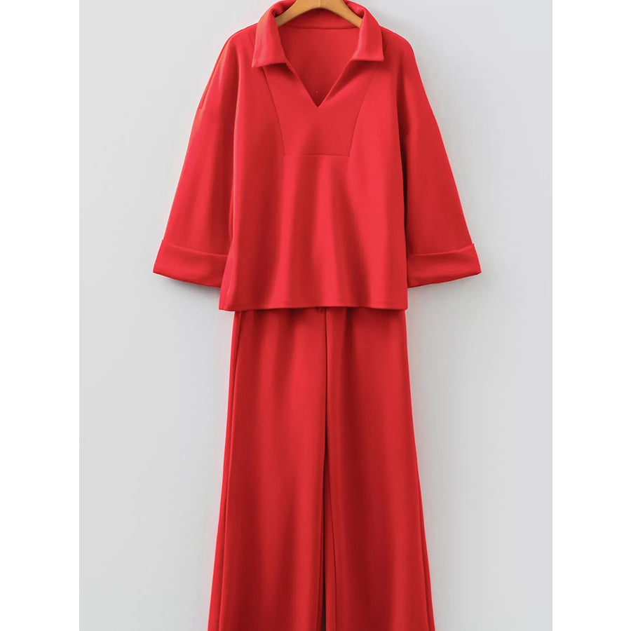 Polo Collar V Neck 3/4 Sleeve Pullover Drawstring Bell Bottom Pants 2pcs Set Apparel and Accessories