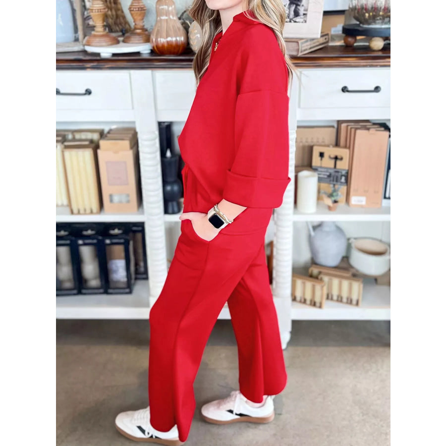 Polo Collar V Neck 3/4 Sleeve Pullover Drawstring Bell Bottom Pants 2pcs Set Apparel and Accessories