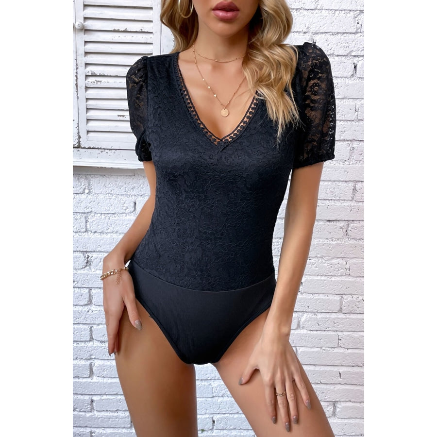 Pom-Pom Detail Puff Sleeve Lace Bodysuit Black / S