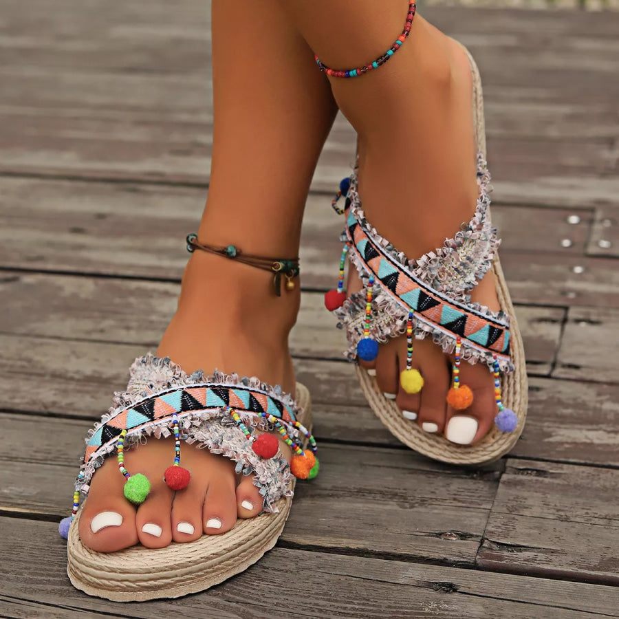 Pom-Pom Embellished Flat Sandals Khaki / 36 Apparel and Accessories