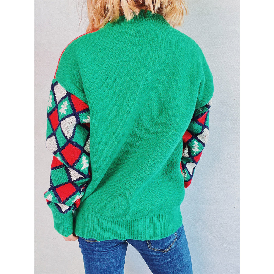 Pom-Pom Contrast Round Neck Long Sleeve Sweater Green / S Apparel and Accessories