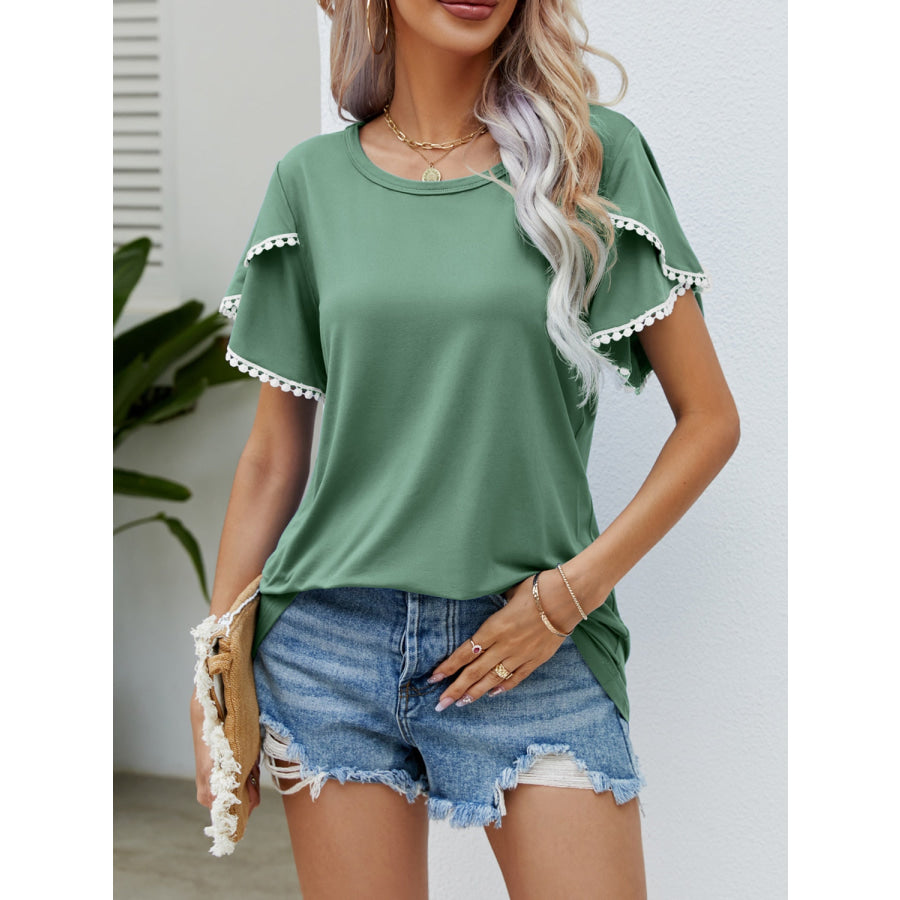 Pom-Pom Trim Flutter Sleeve Round Neck T-Shirt Apparel and Accessories