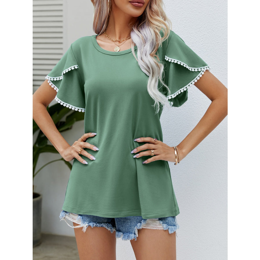Pom-Pom Trim Flutter Sleeve Round Neck T-Shirt Gum Leaf / S Apparel and Accessories