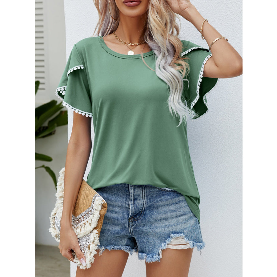 Pom-Pom Trim Flutter Sleeve Round Neck T-Shirt Apparel and Accessories