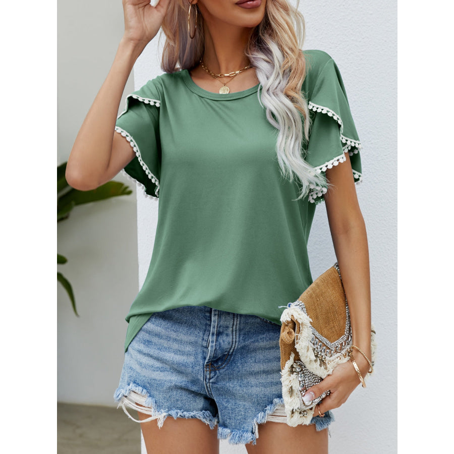 Pom-Pom Trim Flutter Sleeve Round Neck T-Shirt Apparel and Accessories