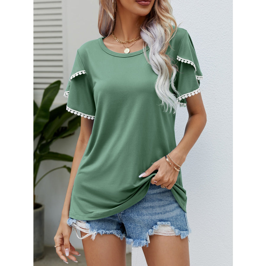 Pom-Pom Trim Flutter Sleeve Round Neck T-Shirt Gum Leaf / S Apparel and Accessories