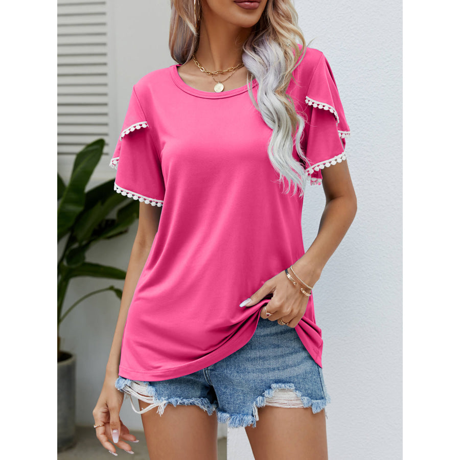 Pom-Pom Trim Flutter Sleeve Round Neck Tee Hot Pink / S