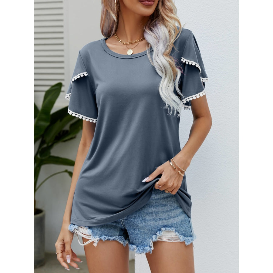 Pom-Pom Trim Flutter Sleeve Round Neck Tee Mid Gray / S