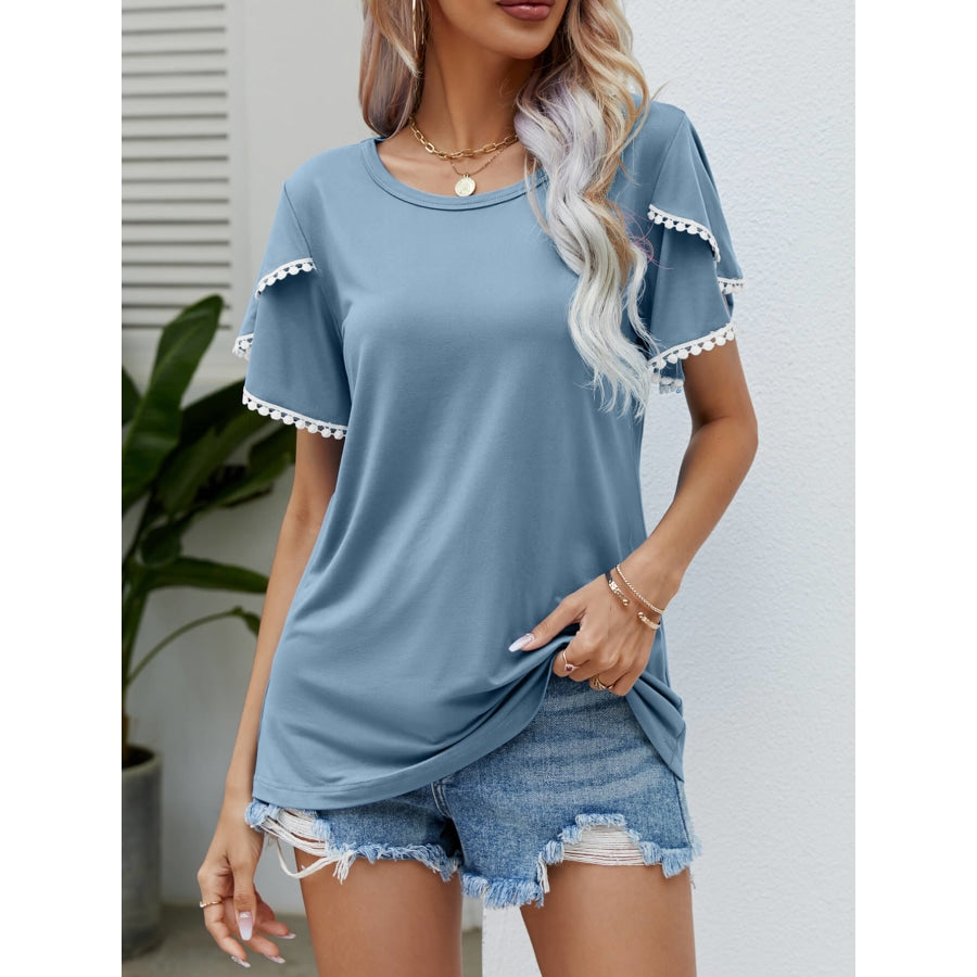 Pom-Pom Trim Flutter Sleeve Round Neck Tee Misty Blue / S