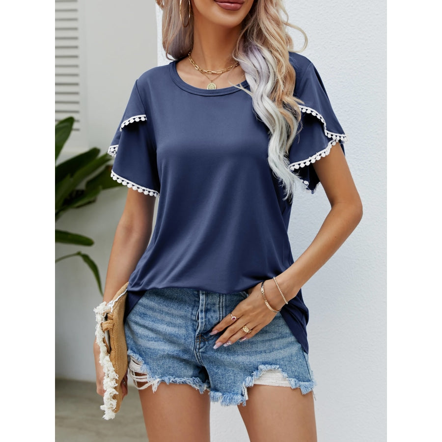 Pom-Pom Trim Flutter Sleeve Round Neck Tee Navy / S