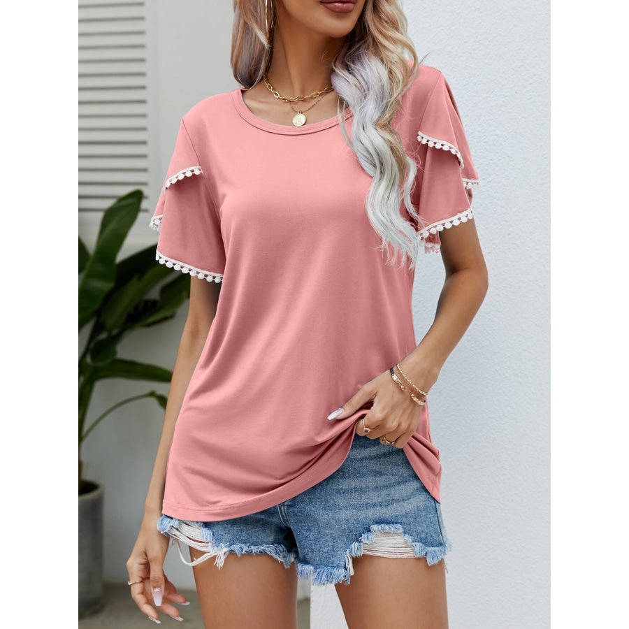 Pom-Pom Trim Flutter Sleeve Round Neck Tee Peach / S