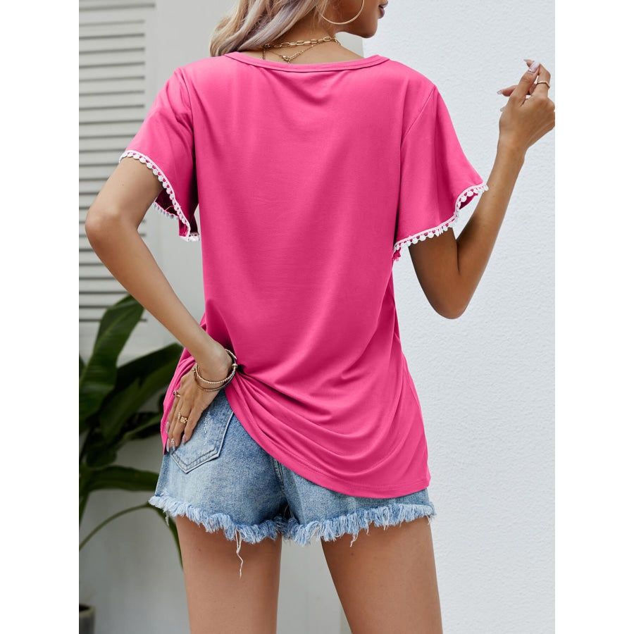 Pom-Pom Trim Flutter Sleeve Round Neck Tee Hot Pink / S