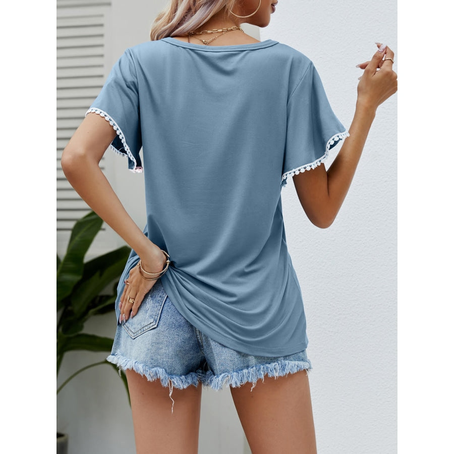 Pom-Pom Trim Flutter Sleeve Round Neck Tee