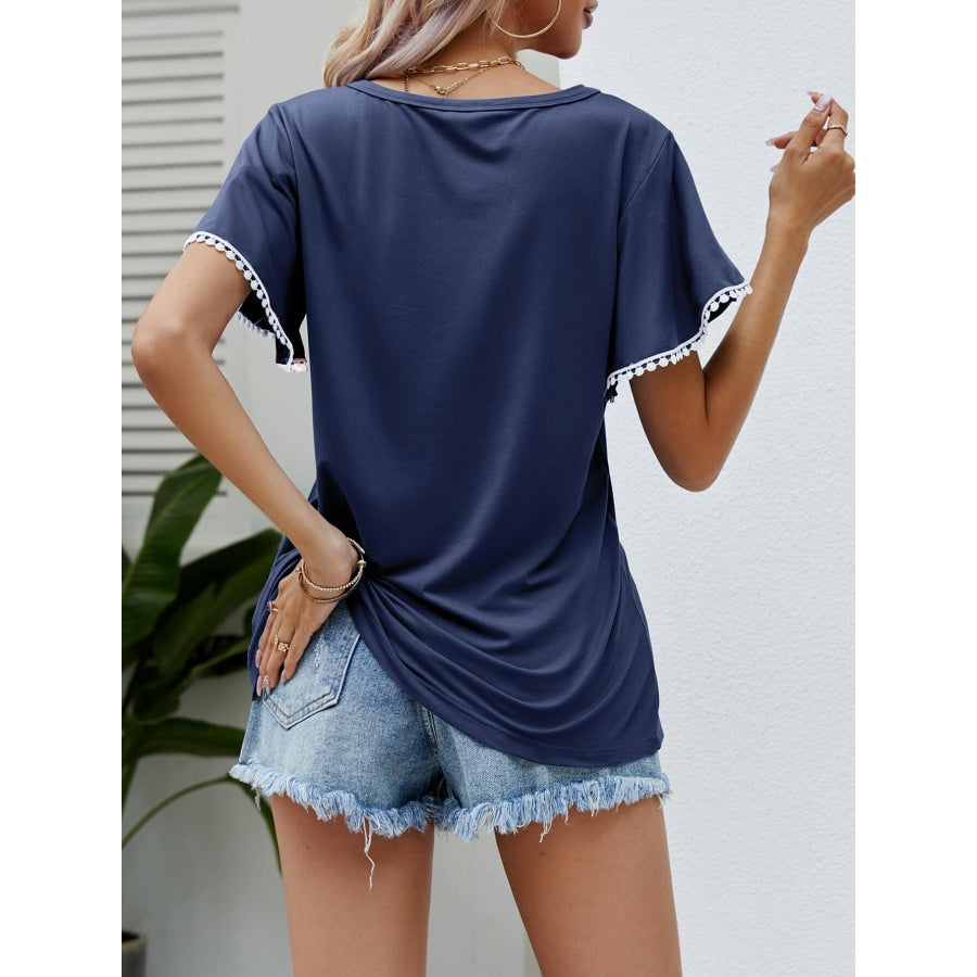 Pom-Pom Trim Flutter Sleeve Round Neck Tee