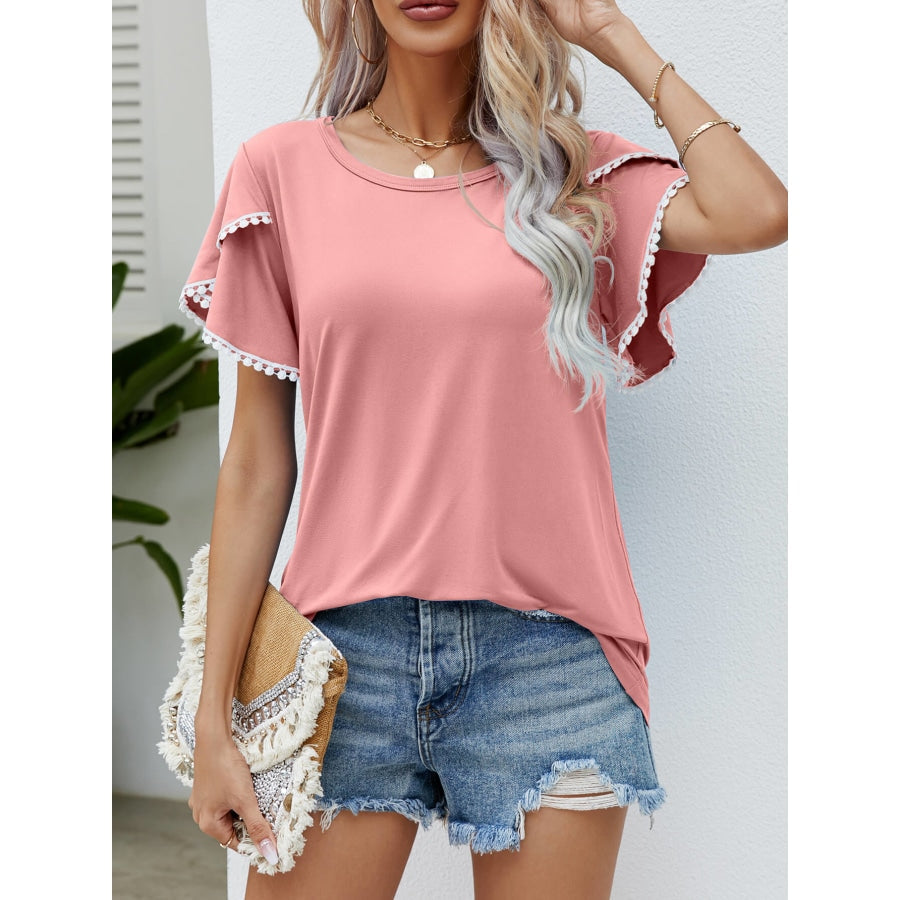 Pom-Pom Trim Flutter Sleeve Round Neck Tee