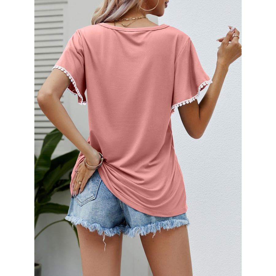 Pom-Pom Trim Flutter Sleeve Round Neck Tee