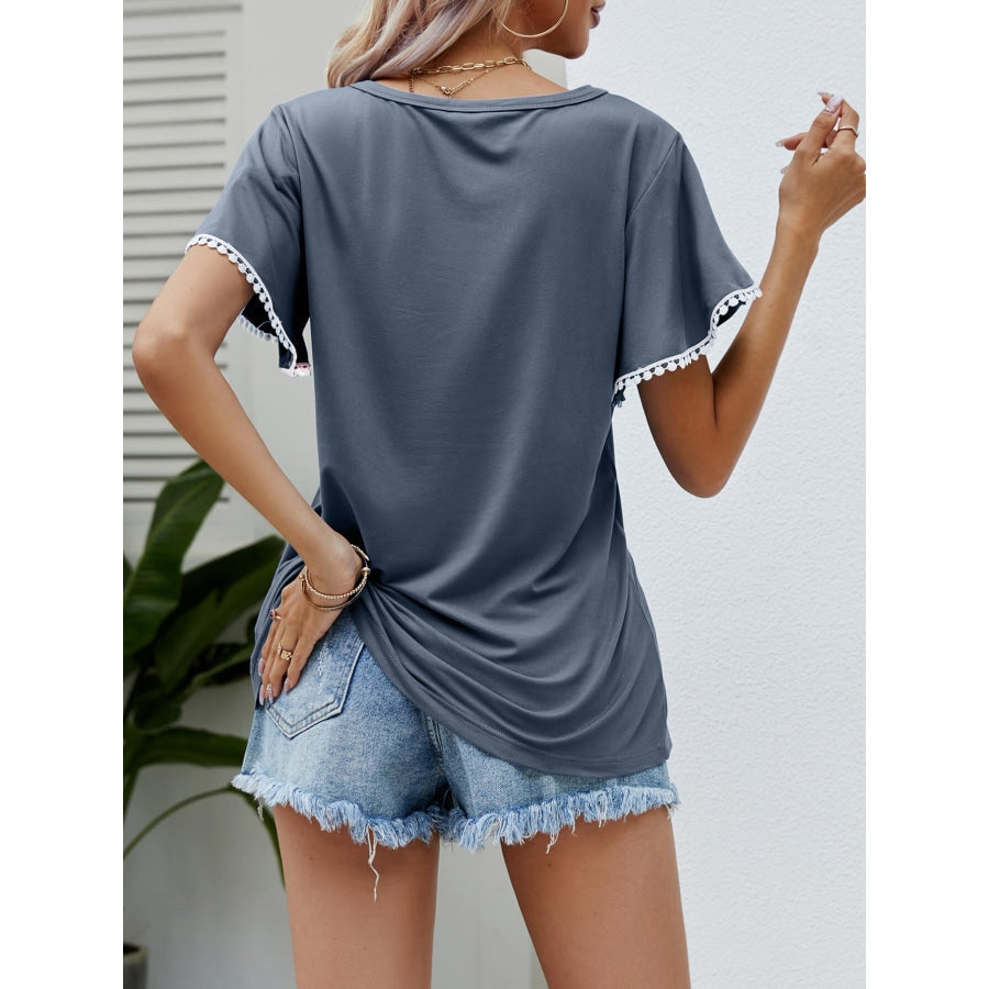 Pom-Pom Trim Flutter Sleeve Round Neck Tee