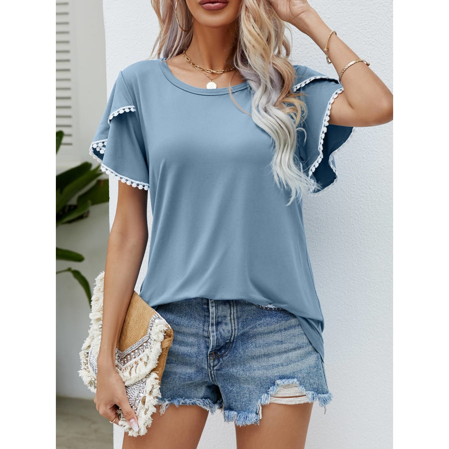 Pom-Pom Trim Flutter Sleeve Round Neck Tee