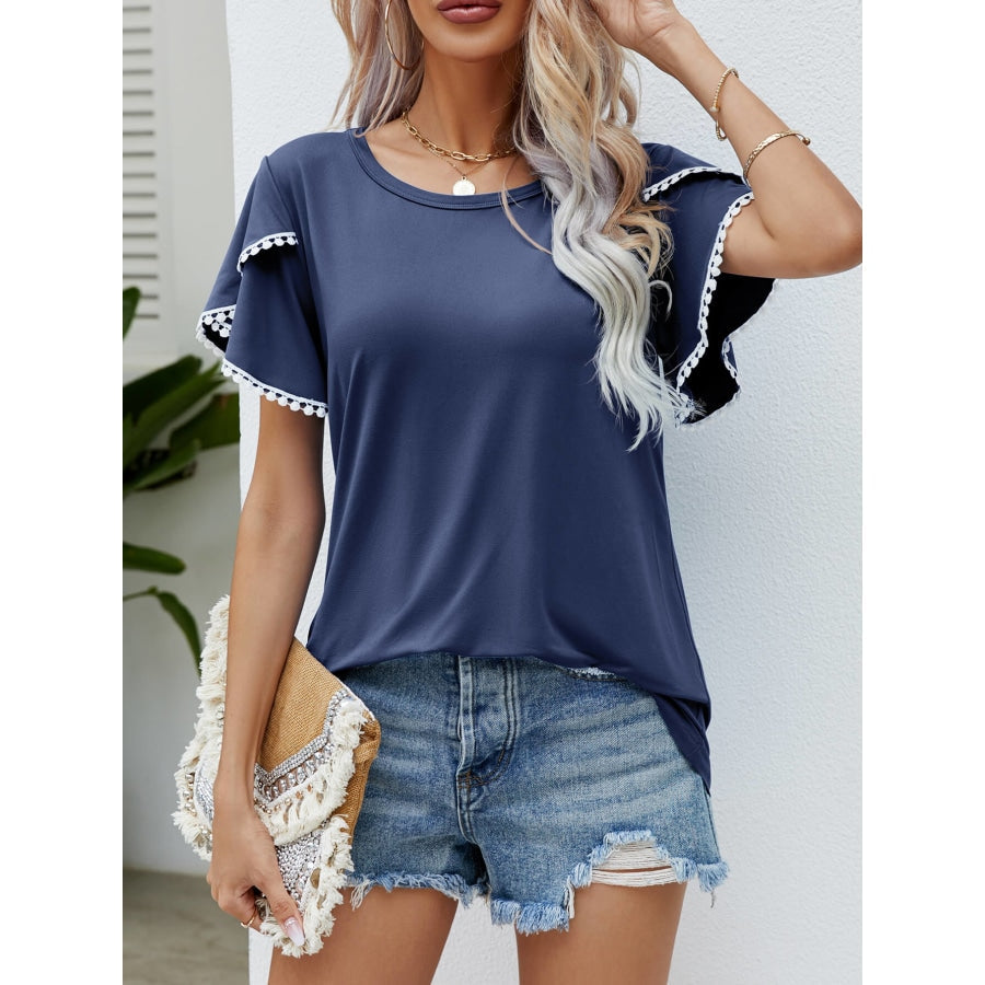 Pom-Pom Trim Flutter Sleeve Round Neck Tee