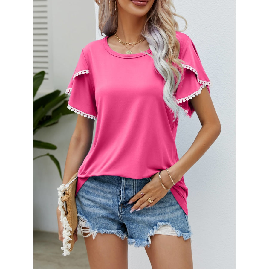 Pom-Pom Trim Flutter Sleeve Round Neck Tee