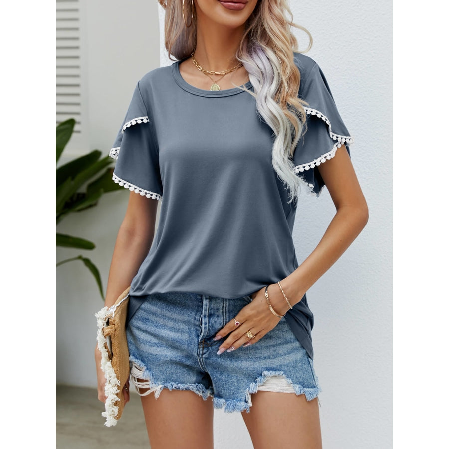 Pom-Pom Trim Flutter Sleeve Round Neck Tee