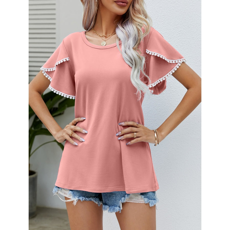 Pom-Pom Trim Flutter Sleeve Round Neck Tee