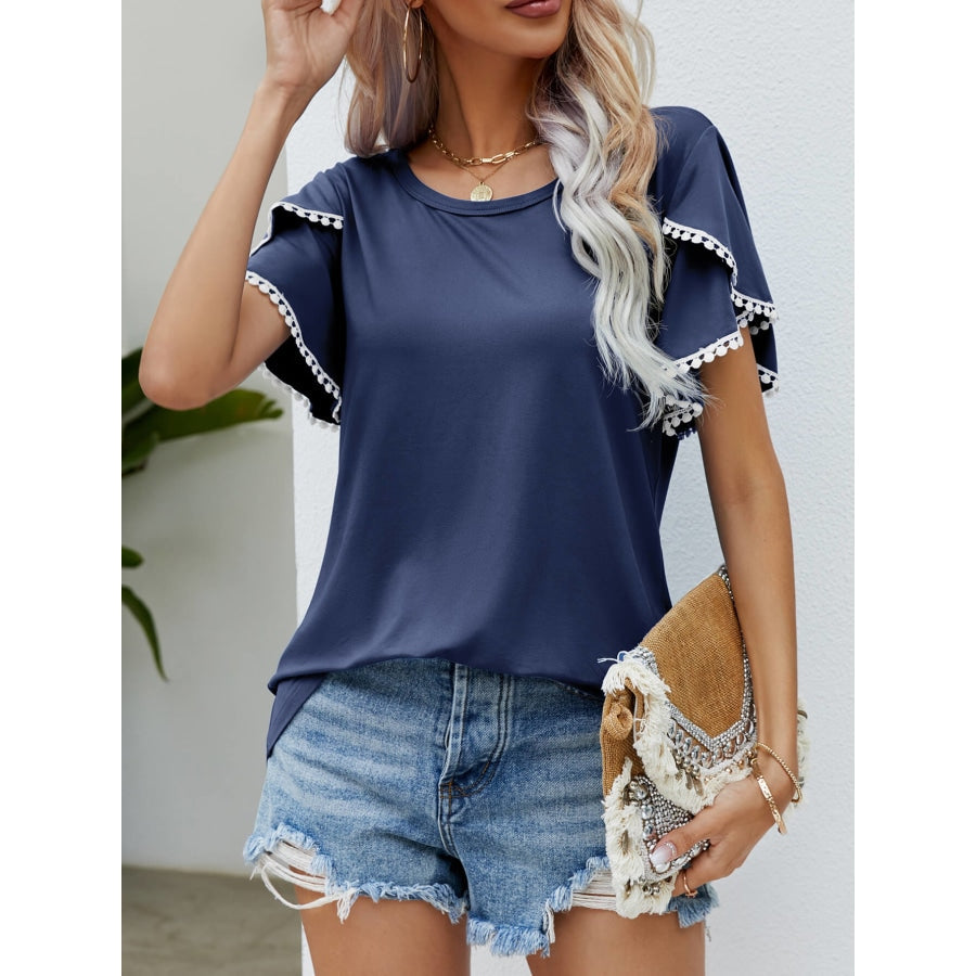 Pom-Pom Trim Flutter Sleeve Round Neck Tee