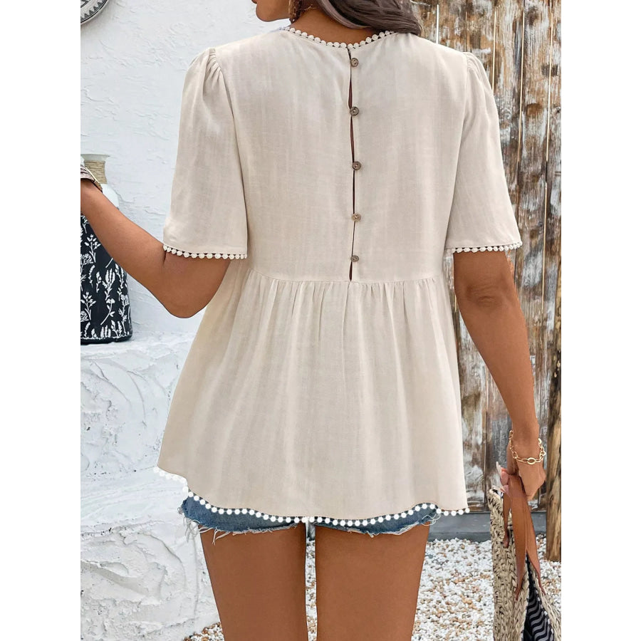 Pom-Pom Trimmed Short Sleeve Blouse Apparel and Accessories