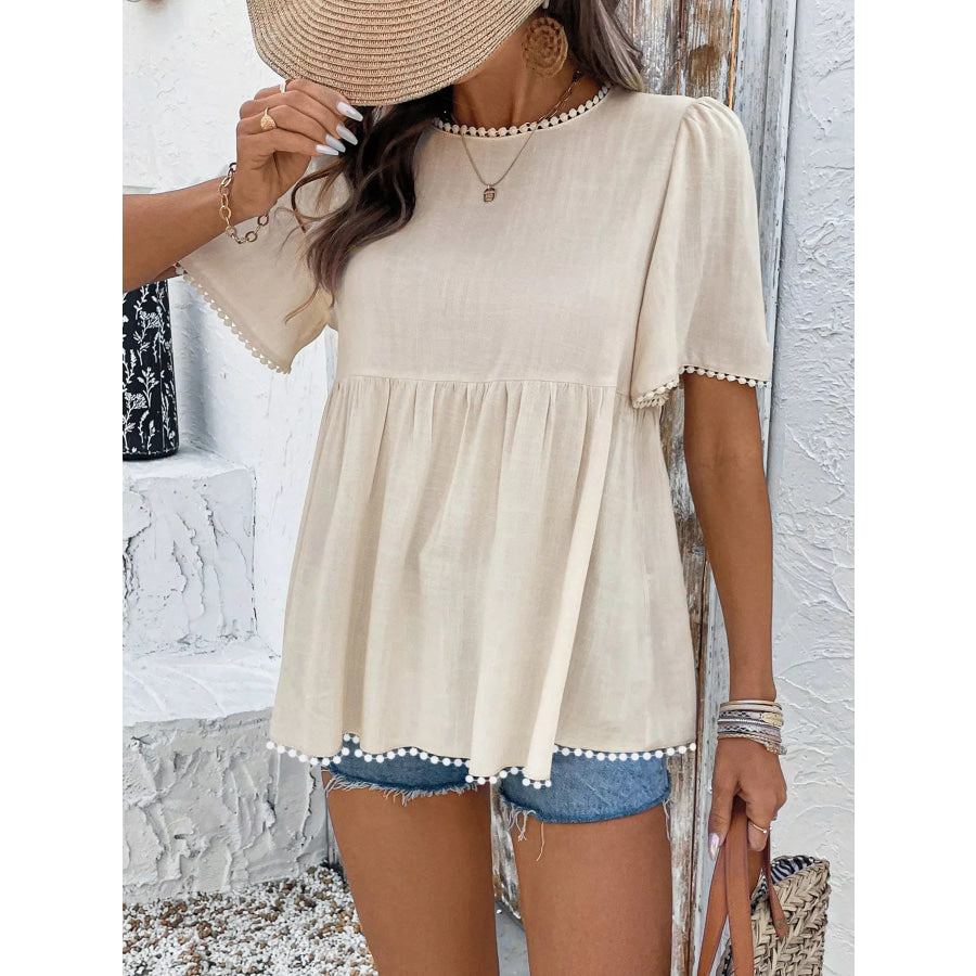 Pom-Pom Trimmed Short Sleeve Blouse Apricot / S Apparel and Accessories