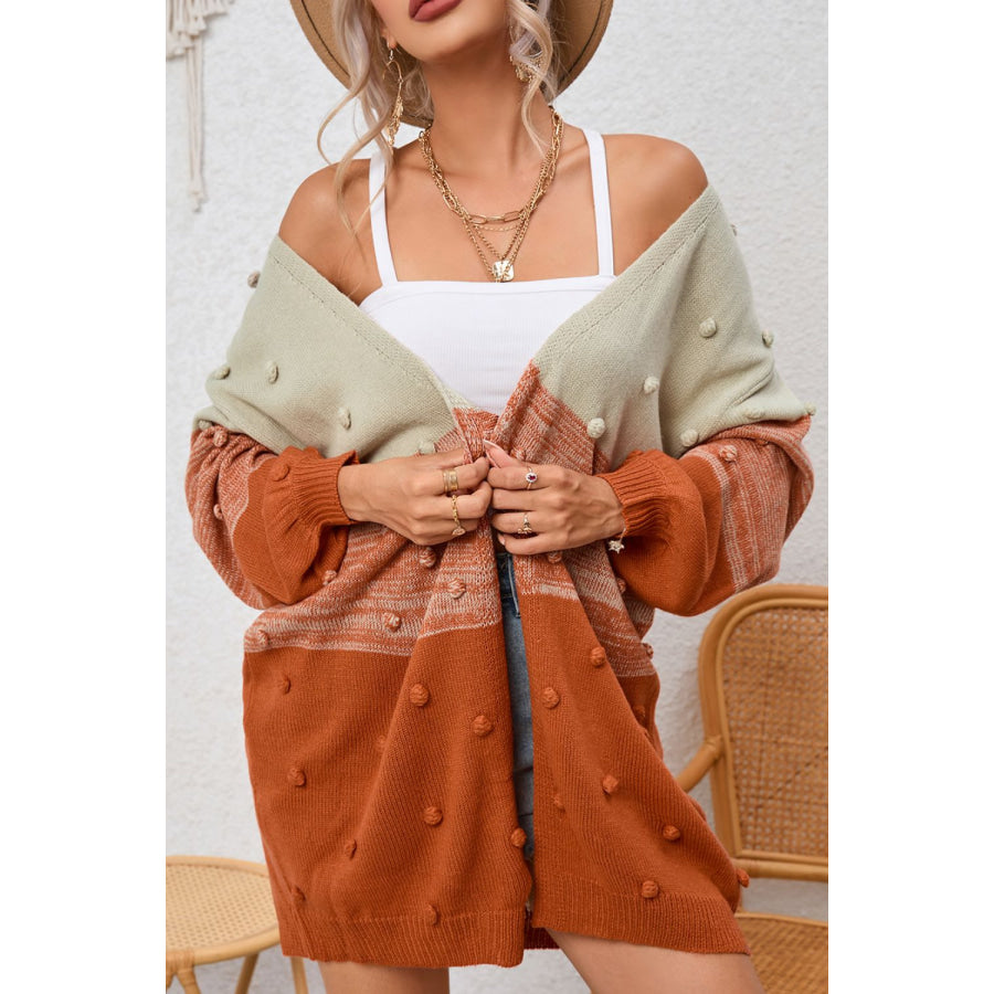 Pompom Color Block Open Front Cardigan Caramel / S Apparel and Accessories